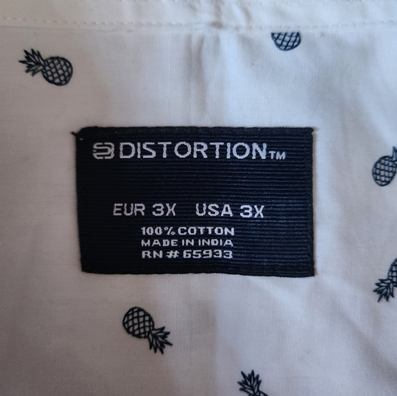 Distortion 3XL Short Sleeve Button Up Shirt Blue Pineapples on White - Picture 2 of 11